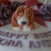 Joint 40th and 70th Birthday cake, with Bassett Hound