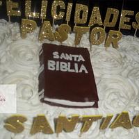 cake in white rosettes, holy bible in fondant