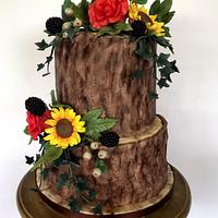 Rustic Tree Bark Cake, With Sunflowers, Blackberries & Roses x