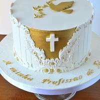 Gold and white communion cake