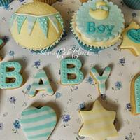 Vintage themed baby shower cupcakes and biscuits