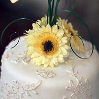 Lace Wedding Cake with Sugar Zanzibar Gerbera Daisies