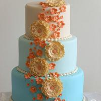 Tiffany Blue and Coral Wedding Cake