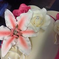 Stargazer Lillie's and Roses Wedding Cake 