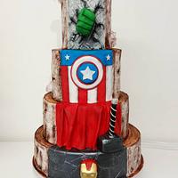 Two sided Wedding Cake with superheroes 
