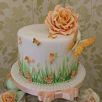 Vintage Spring meadow wedding cake and cupcakes