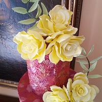 painted cake and yellow roses
