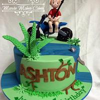 'Ashton on his Motorbike, Fishing' Cake