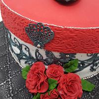 Red hatbox shoe cake