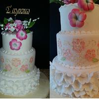 Ruffles and Pink Flowers Wedding cake 