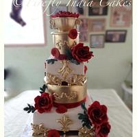 Red, Ivory & Gold Wedding Cake