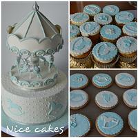 Blue and white carousel cake