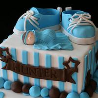 Blue Brown and White Baby Shower Cake