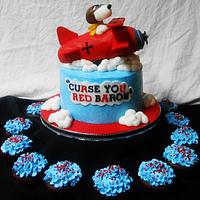 snoopy vrs red baron birthday red blue buttercream cake