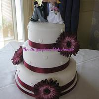 3 Tier Ivory & Burgundy Wedding Cake