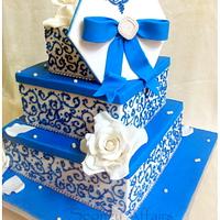 White and Blue Engagement Cake