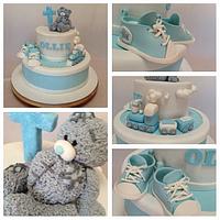 Taddy teddy, trains and booties baptism cake