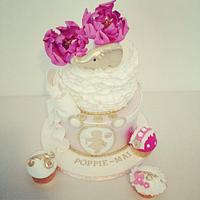 Peonies and frills baby shower cake 