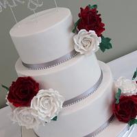 White & Red roses wedding cake