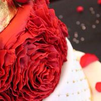 Grand Red Rose Ruffle and Gold Wedding Cake