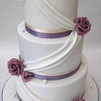 White & Lilac 3 Tier Wedding Cake - Drapes & Roses