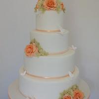 Peach Roses, Hydrangeas & Butterfly Wedding Cake