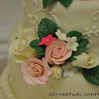 Roses and Scrolls Wedding Cake