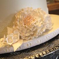 Lace, Pearls and Peony Wedding Cake