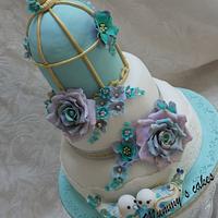 Lovebirds and birdcage golden wedding anniversary cake