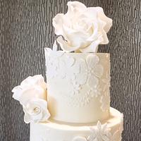White on Ivory lace wedding cake