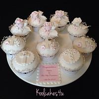 2 tier rose holy communion cake & cupcakes