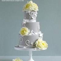 Yellow Roses and Swirls Cake