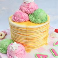 ice cream and stack of pancakes cake 