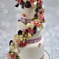 cascading flowers wedding cake