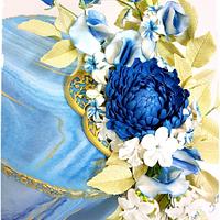 Floral Blue and Gold marble cake