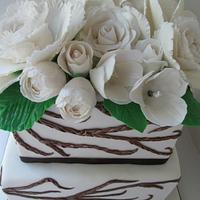 Summer Woodland themed & white flowers wedding cake