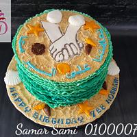 Sea waves cake with hands holding each other in the sand
