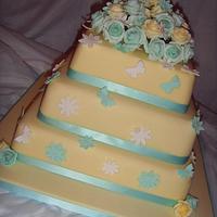 Duck Egg Blue & Cream Roses 3 Tier Wedding Cake