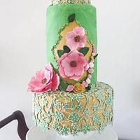Lace work wedding cake with gumpaste peonies 