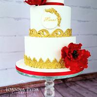 Red and gold birthday cake