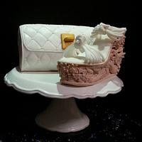 wedge elevated art with white purse