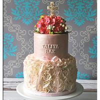 Baptism cake w/rosette ruffles and sugar paste hydrangea bouquet