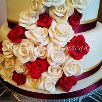Burgundy & White Rose Cascade Wedding Cake