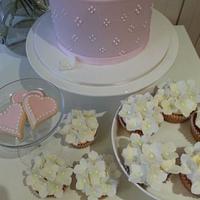 Hydrangea Christening Cake with cupcakes and cookies