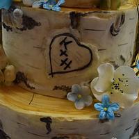 Aspen Bark Wedding Cake with Blue Floral