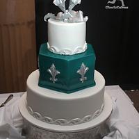 Art Deco Inspired Wedding Cake with Peacock blue hexagon & silver accents
