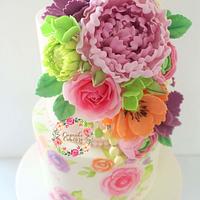 Floral Painted cake and sugarflowers