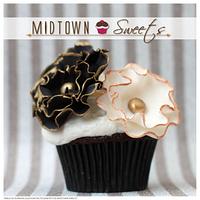 Chocolate Birthday Cupcakes with Black and White Ruffled Fondant Flowers with Gold Trim