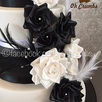Black and white rose wedding cake