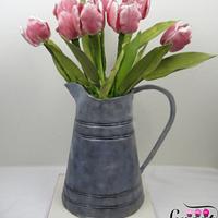 My birthday cake :) , a spring bouquet of tulips in an a galvanized vase